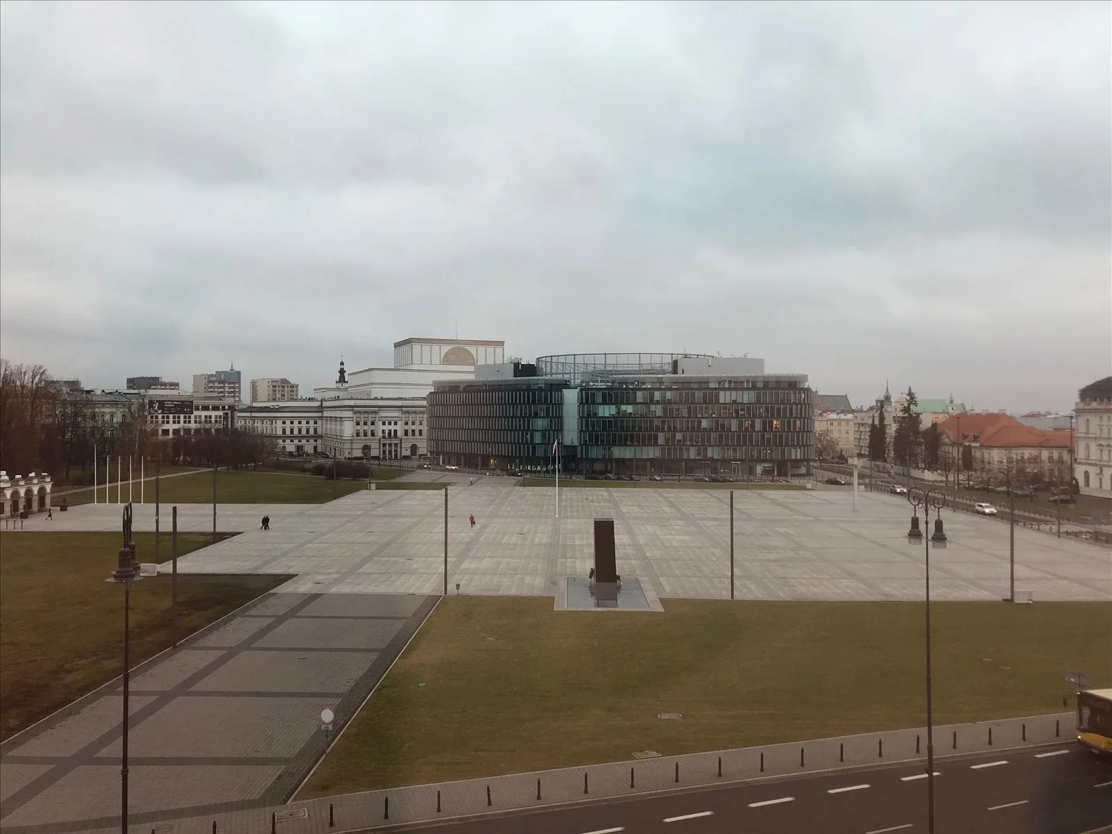 Square in front of modern building in Warsaw