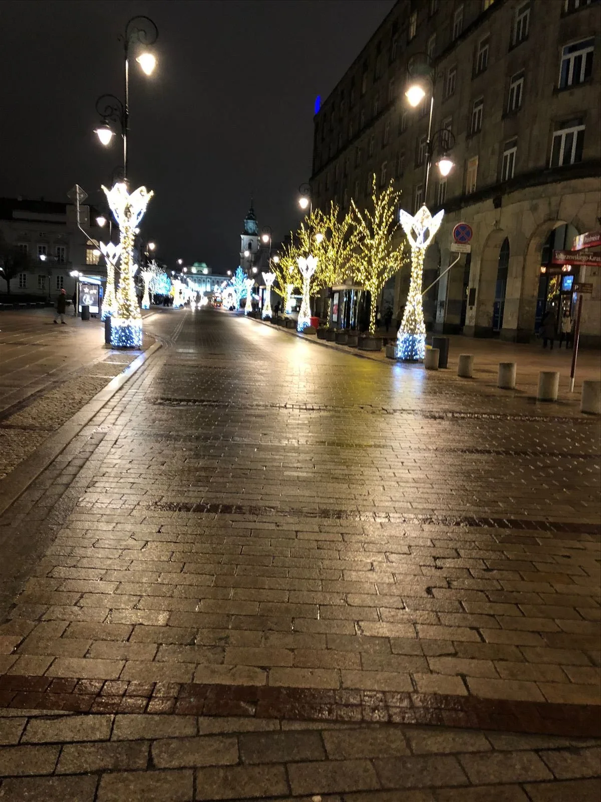 Warsaw street at night with Christmas lights