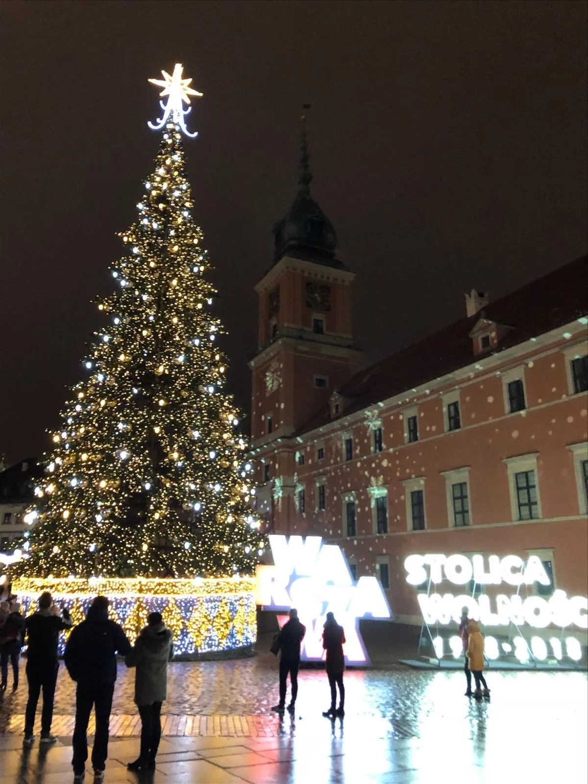 Christmas tree by the 'Capital' sign in Warsaw