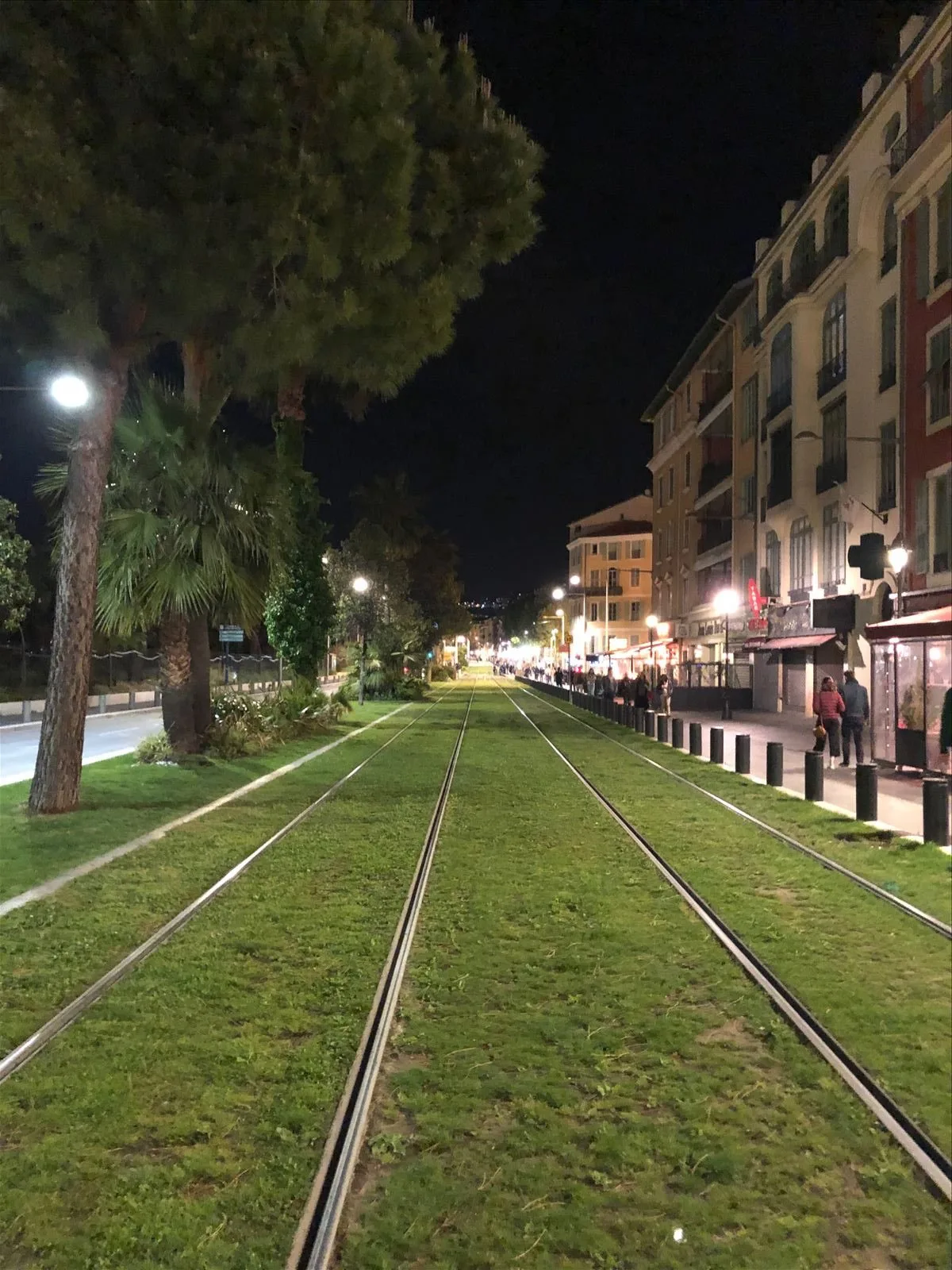 Tram on a night street in Nice