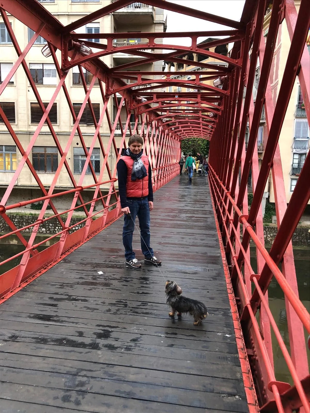 Red Eiffel bridge in Girona - tourist