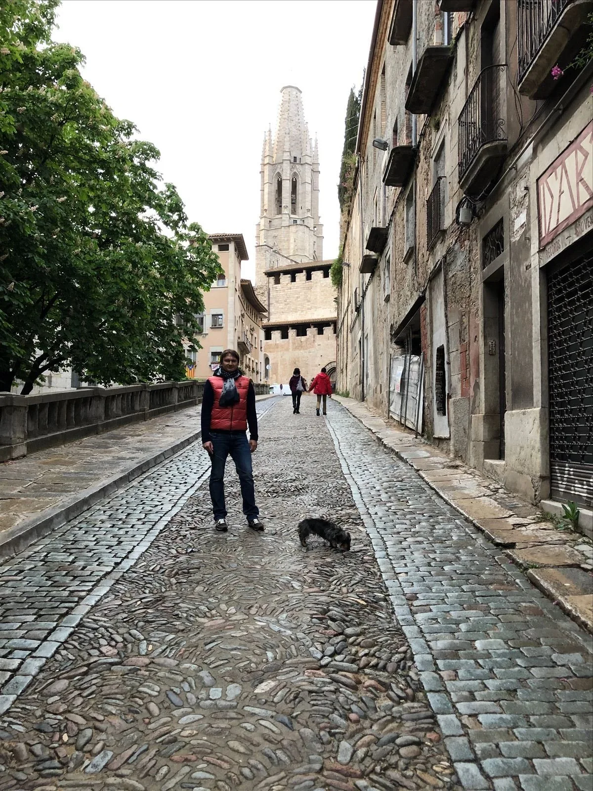 Tourists on the cobbled street of Girona