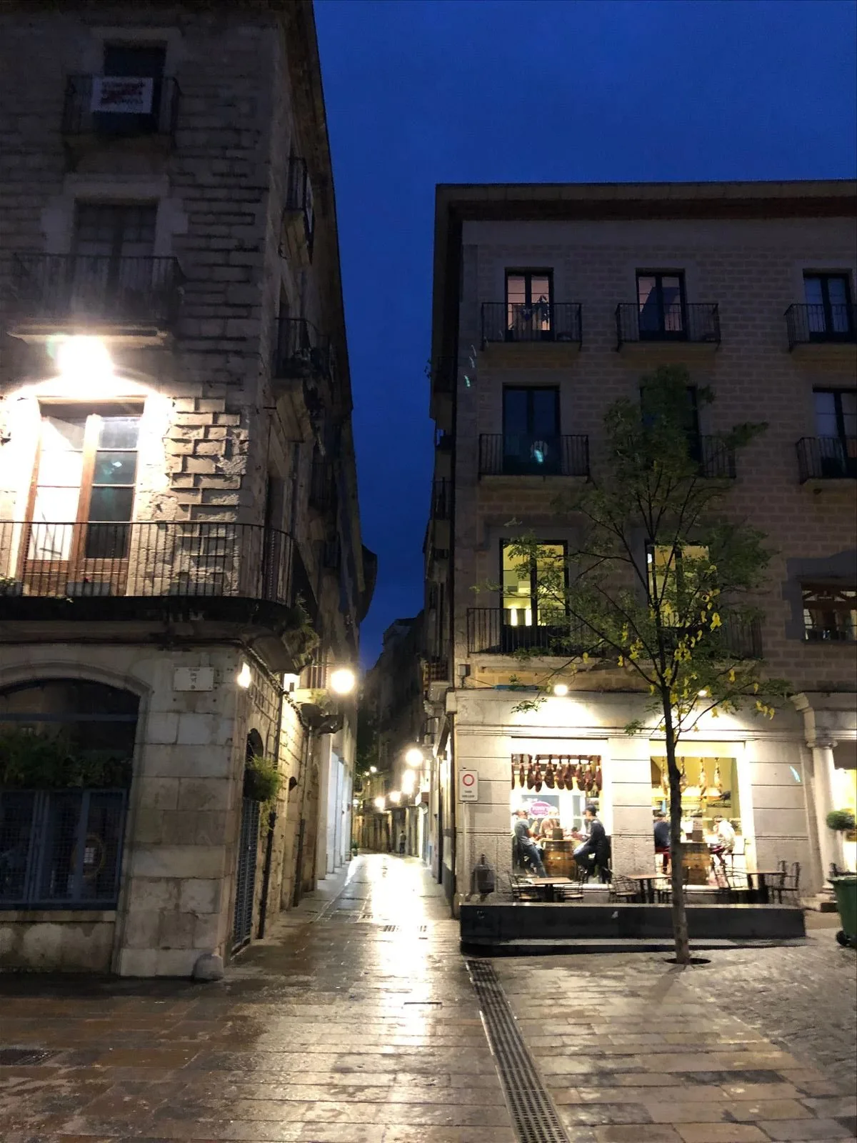 Night alley in Girona with lights