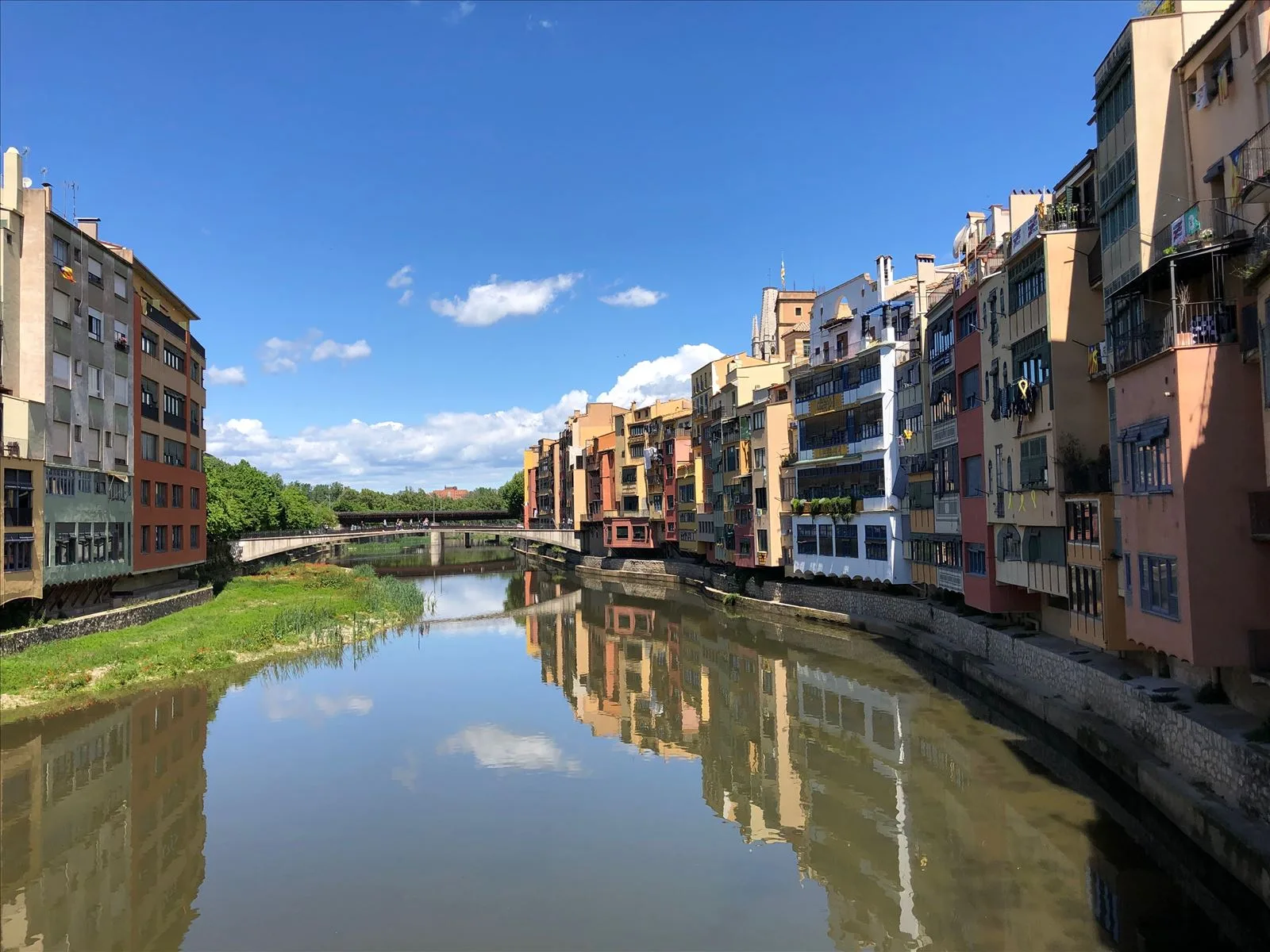 Colorful houses of Girona with cathedral tower