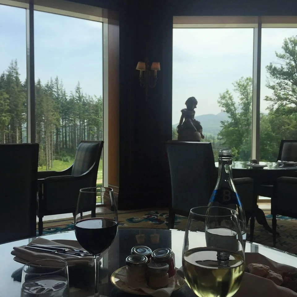 Tourist with a laptop in a nature-view cafe