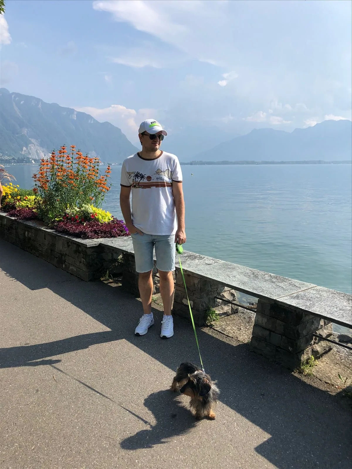 Montreux waterfront with flowers and mountains