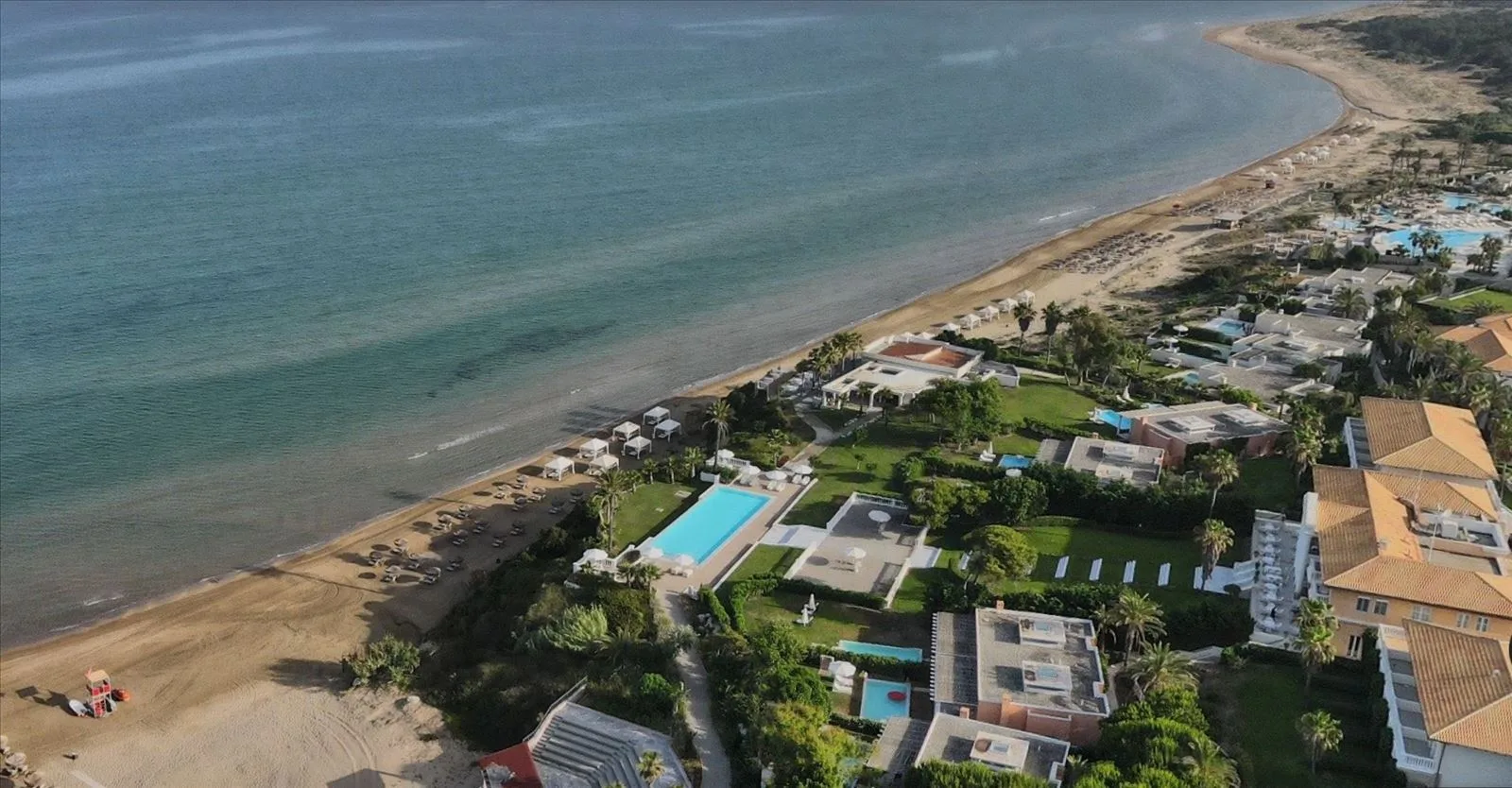 Aerial view of Grecotel hotel and Kilini beach