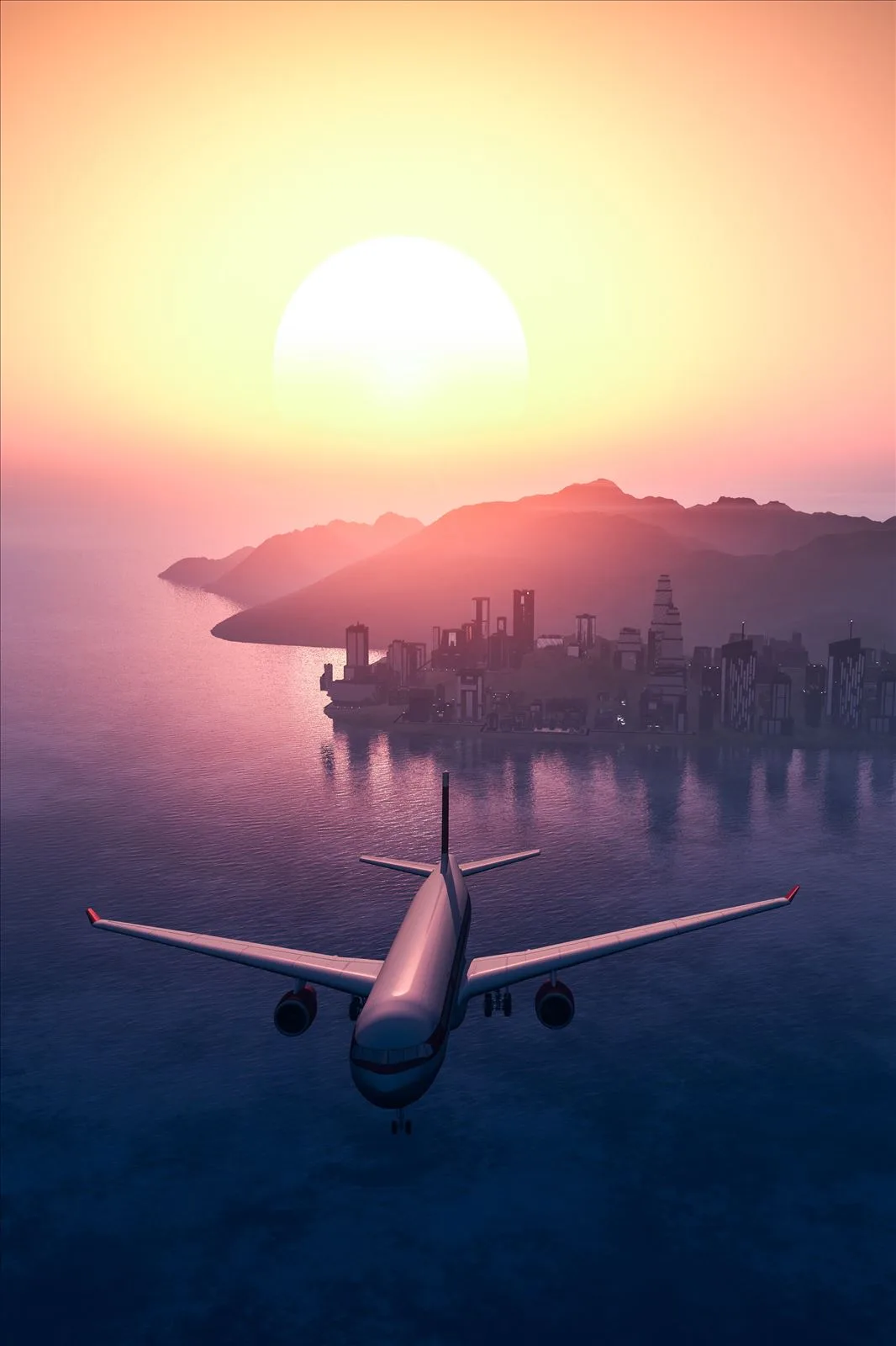 Airplane over the sea at sunset - mile booking