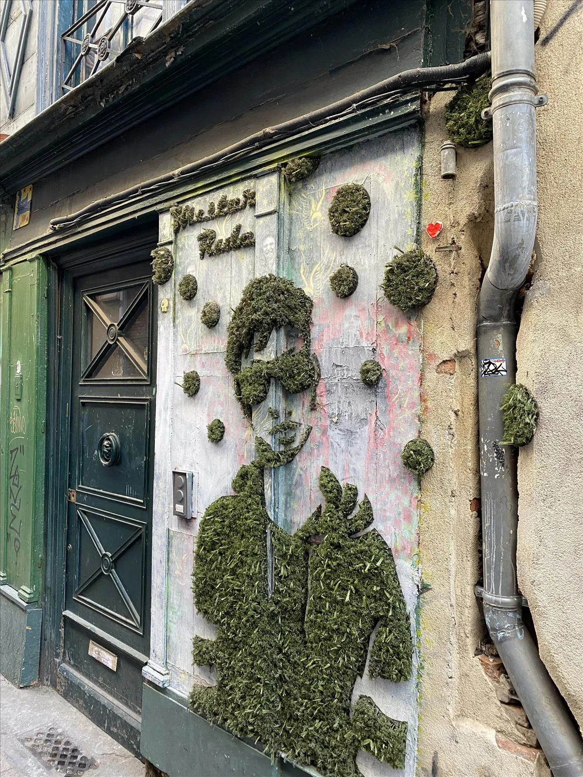 Door decorated with greenery - entrance to a restaurant