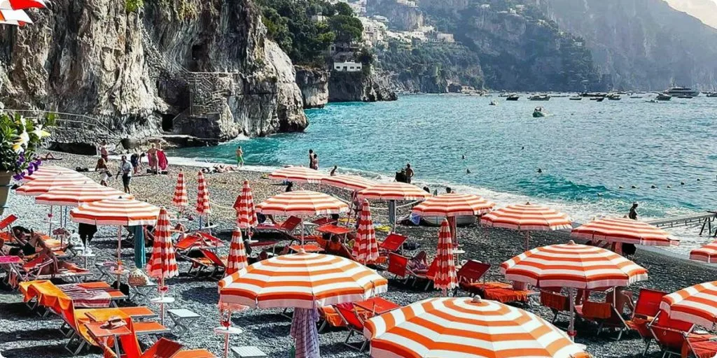 Arenço beach with striped umbrellas