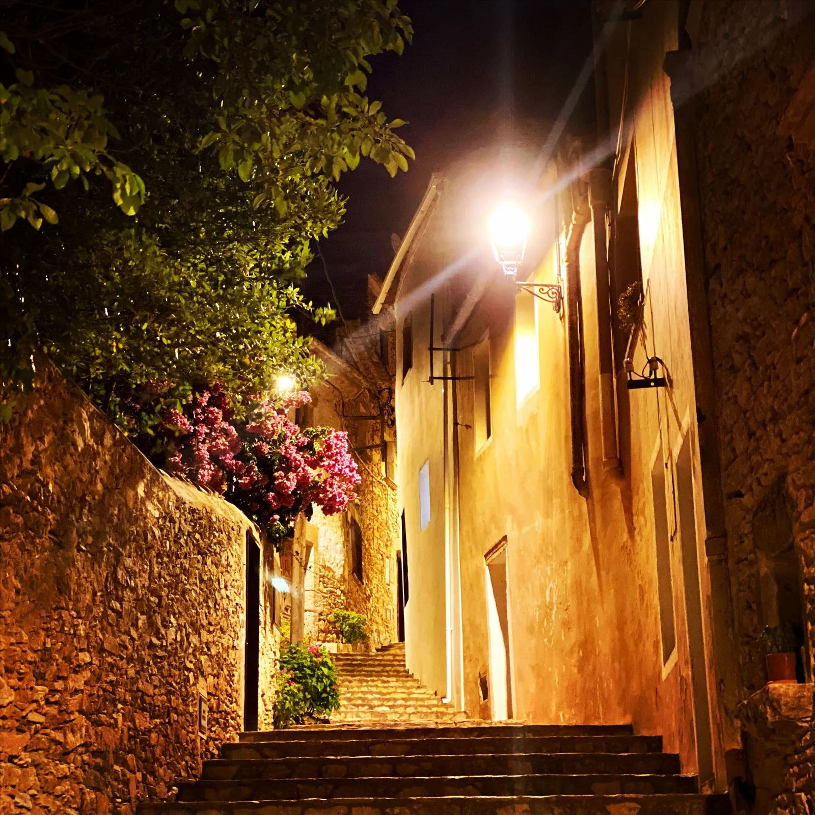 Night street with flowers in Begur
