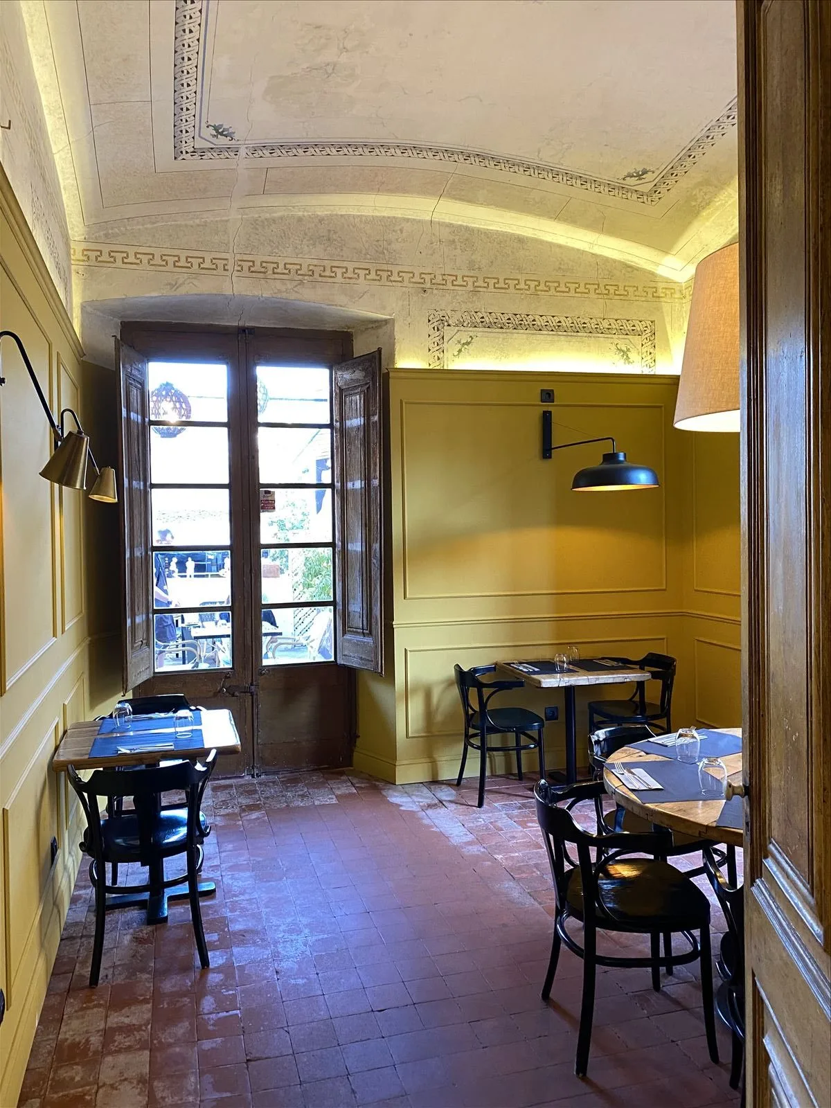 Interior of restaurant with stone walls