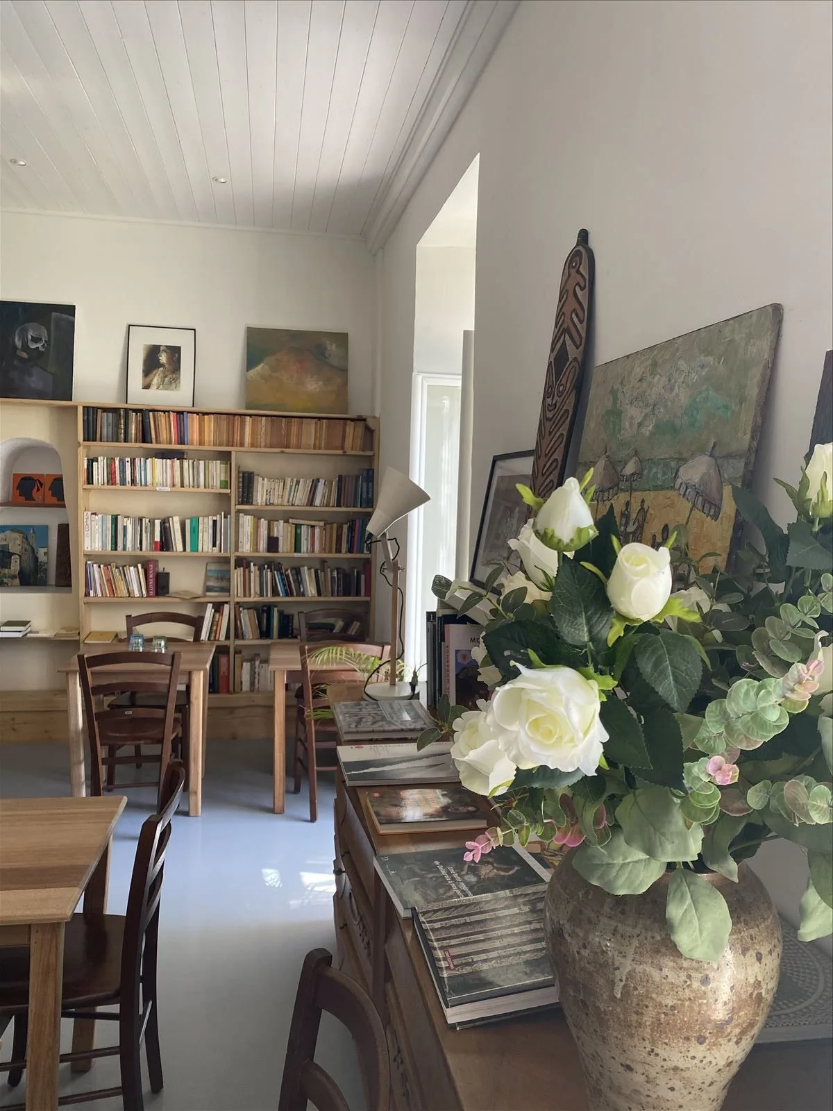 Interior of village house with books