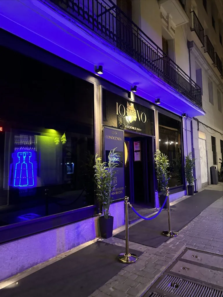 Night lighting of bar with neon in Madrid