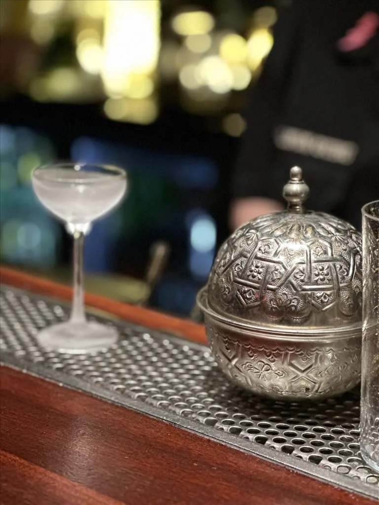 Martini cocktail with silver sugar bowl