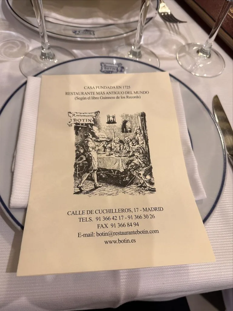 Menu of Botín restaurant in Madrid