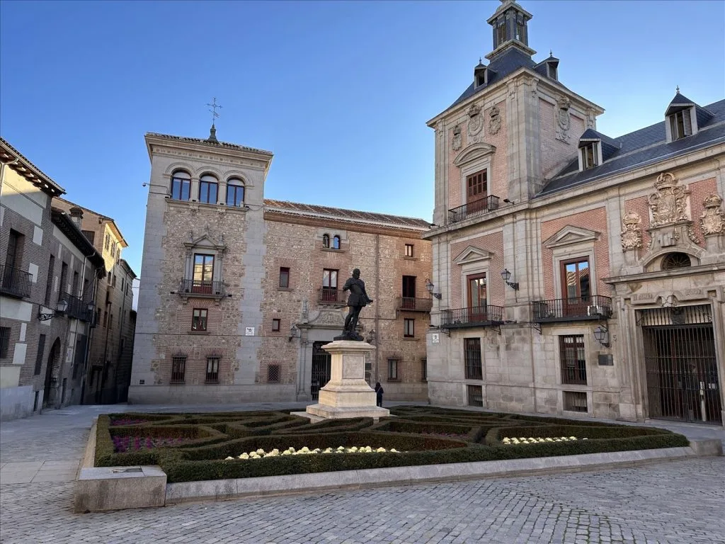 Square with tower in historic Madrid center