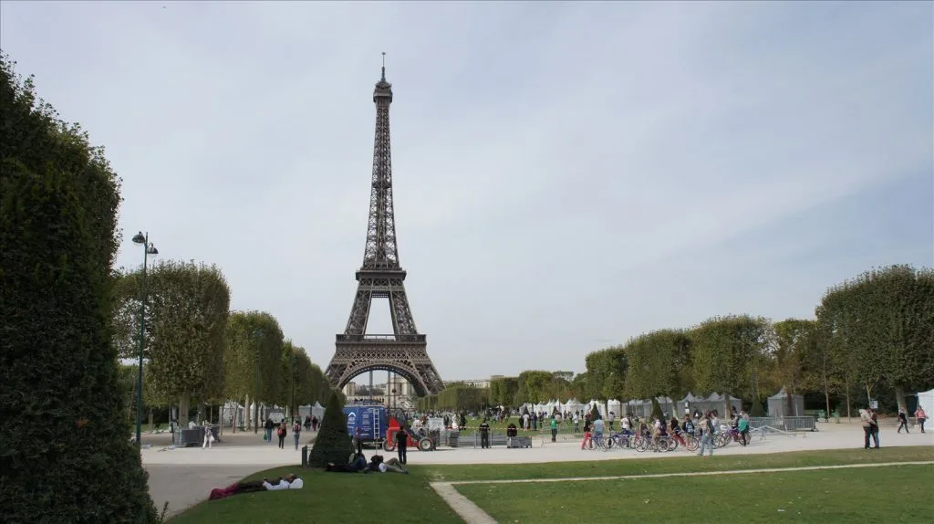 Close-up of Eiffel Tower from below