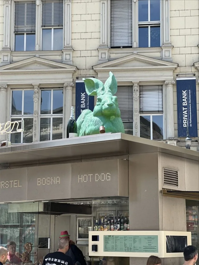Green rabbit sculpture on the roof of Albertina