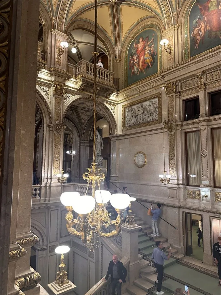 Foyer of the Vienna Opera with crystal chandelier